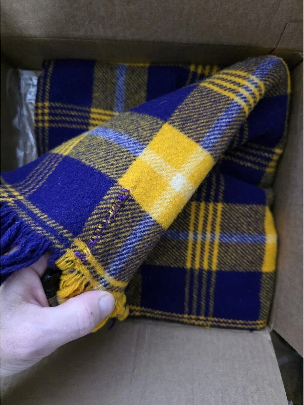 Vtg Faribo 100% Wool Throw Blanket Fringe Afghan Faribault Purple Gold 100 Yr **